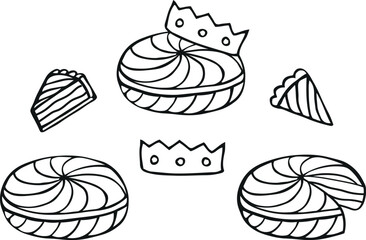 Galette des rois traditional french epiphany cake. Vector icon set with black outline in doodle style drawing
