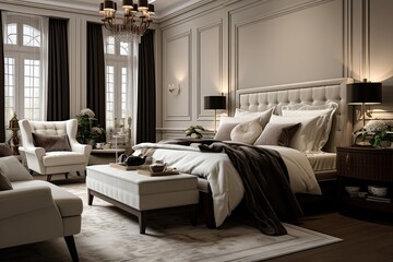 Luxurious and elegant bedroom interior design with classic elements, comfortable furniture and a calm color palette. - obrazy, fototapety, plakaty