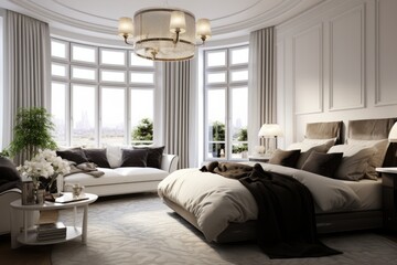 Modern and luxurious bedroom interior design with classic and neoclassical elements, elegant bed...