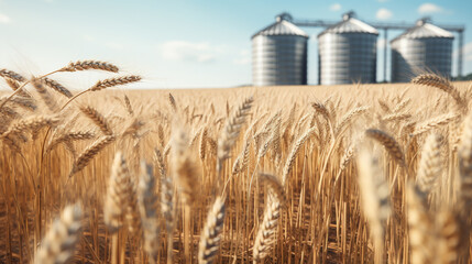 Close up of a wheat field with three silos in the background, the background is blurred --ar 16:9 --v 5.2 Job ID: 360af31c-b36b-4fda-b288-1a09d68c1987