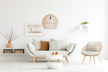 The bright and modern living room with white sofa, wooden furniture and natural decor creates a cozy and stylish atmosphere.