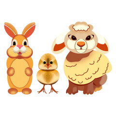 a set of illustrations of a cute lamb, chicken and rabbit hand-drawn on a white background