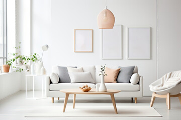 A modern living room with a white sofa, wooden furniture and minimalist decor creates a bright and stylish atmosphere.
