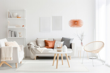 A bright and modern living room with a white sofa, wood accents and stylish decor creating a cozy and welcoming atmosphere.