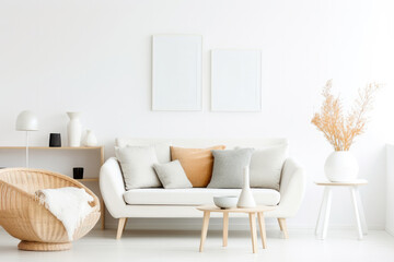 Stylish and modern living room with white sofa, wooden elements and trendy decor creating a cozy and welcoming atmosphere.