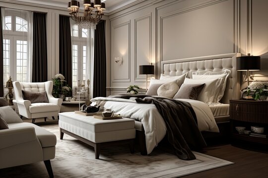 Luxurious and elegant bedroom interior design with classic elements, comfortable furniture and a calm color palette.