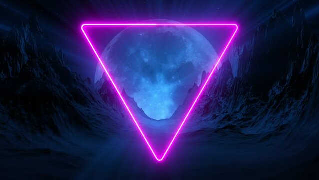 Retro neon synthwave, sfi-fi style background. Alien mountain landscape with outer space and retrowave neon triangle. Bright neon frame with full moon in the dark, extraterrestrial technology