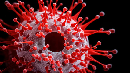 Close-up of a virus cell in red, captured in macro detail, and isolated on a clean background. --ar 16:9 --v 5.2 Job ID: 4aa19b60-5316-4b7c-ad11-3891e04426a2