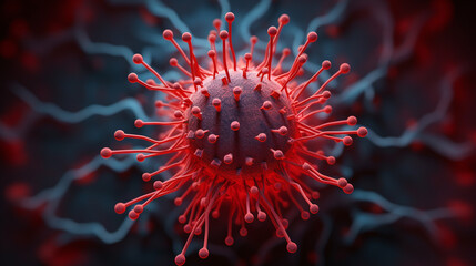 Close-up of a virus cell in red, captured in macro detail, and isolated on a clean background. --ar 16:9 --v 5.2 Job ID: 4aa19b60-5316-4b7c-ad11-3891e04426a2 - obrazy, fototapety, plakaty