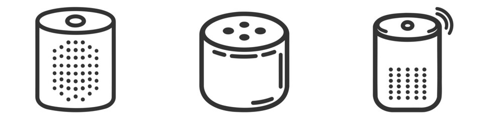 Smart speaker line black icon set, pack, collection. Personal voice assistance, talk recognition