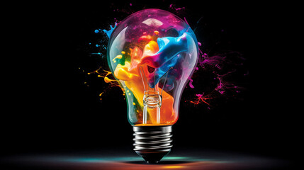 Creative light bulb explodes with colorful paint and splashes on a black background. Think differently creative idea concept --ar 16:9 --v 5.2 Job ID: 347d1303-e250-404c-b22b-b5fb301c73ec - obrazy, fototapety, plakaty