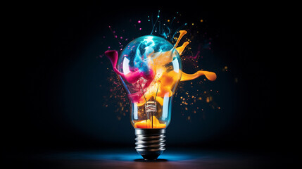 Creative light bulb explodes with colorful paint and splashes on a black background. Think differently creative idea concept --ar 16:9 --v 5.2 Job ID: c2e477b4-bc93-45c9-9121-f4f6f9051d74 - obrazy, fototapety, plakaty