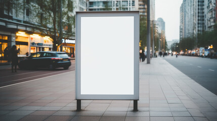 empty poster mockup in the city, white empty poster for copyspace, blurred background --ar 16:9 --v 5.2 Job ID: c99eade3-6bc3-4941-8013-6899e3becf9e