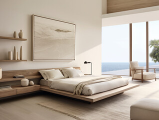 Experience the epitome of modern relaxation in your bedroom: A platform bed adorned with crisp white linens against a backdrop of neutral tones, creating a serene and 