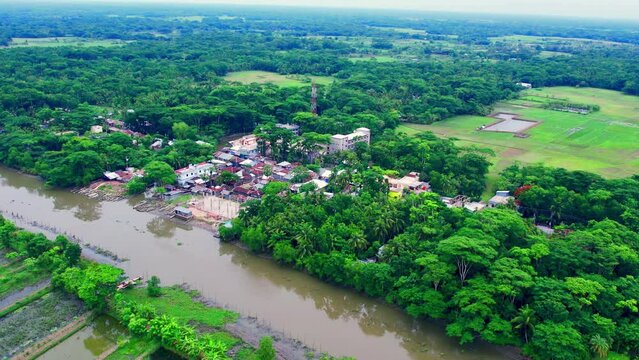 Bangladesh riverside village Enviroment, Riverside Village House Aerial view 