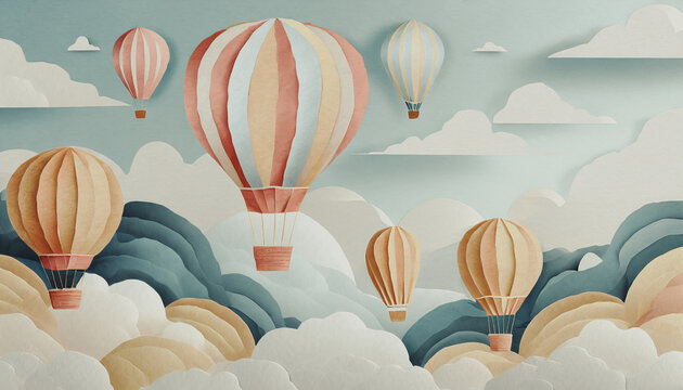 sfondo con colorate mongolfiere in cartapesta che si librano supra un cielo denso di nubi dai colori pastello - Illustrazione Generative AI