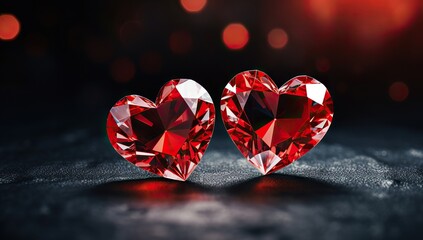 Two ruby-colored crystal hearts on a reflective surface against a backdrop of blurred red lights.