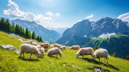 Sheep on alpine pasture in sunny summer day.