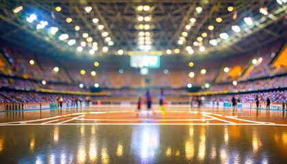 A large basketball arena with copy space, featuring an empty basketball court. Generated with AI