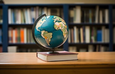 a globe sitting on top of a book on tables