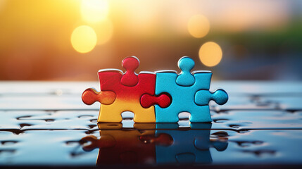 Two mismatched puzzle pieces struggling to fit together, symbolizing the challenges of unity and collaboration. --ar 16:9 --v 5.2 Job ID: d7cec93c-71b3-4e57-a3ed-2f87702b36ef - obrazy, fototapety, plakaty
