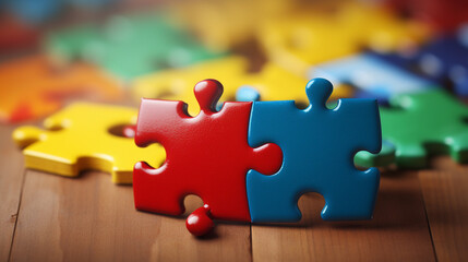 Two mismatched puzzle pieces struggling to fit together, symbolizing the challenges of unity and collaboration. --ar 16:9 --v 5.2 Job ID: d7cec93c-71b3-4e57-a3ed-2f87702b36ef - obrazy, fototapety, plakaty