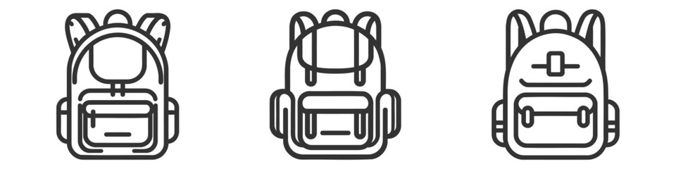 Backpack icon set, pack, collection. Line style. Vecto illustration on white background