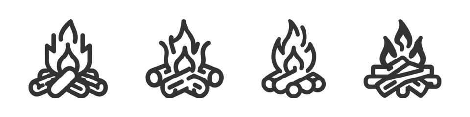 Camp fire icon set, pack, collection. Bonfire burning on firewood sign. Vector