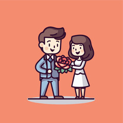 Obraz na płótnie Canvas cute Man holding flowers proposing to woman