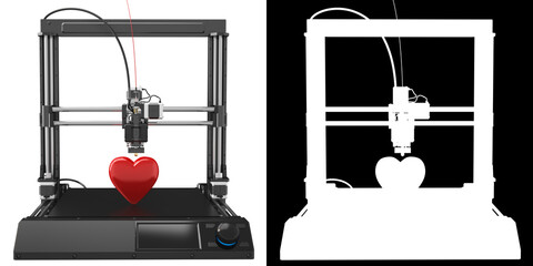 Extruder technology. 3d printer in the process of printing. The figure of the heart is printed. 3d illustration. RGB+Alpha channel