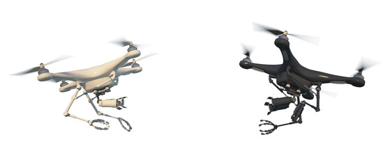 An aerial drone (quadcopter) is a robot character with remote or independent control. Meeting of two different robots in flight. 3d illustration. White background.
