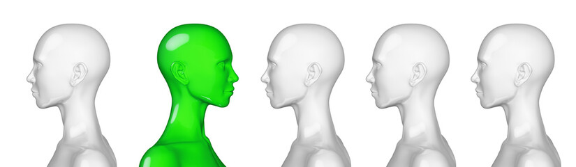 One of the figures of people in contrast is facing in the opposite direction. A sense of individuality and isolation from the crowd, or the force of pressure from the outside. 3D Illustration.