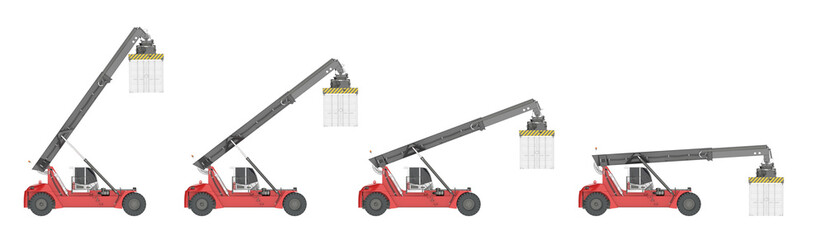 The red reach stacker (loader) lifts and loads a white sea container (ship container). 3d illustration. Isolated on white background