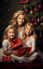 Fototapeta na wymiar Girls unpacking gifts under the Christmas tree on winter holidays. Xmas family scene.