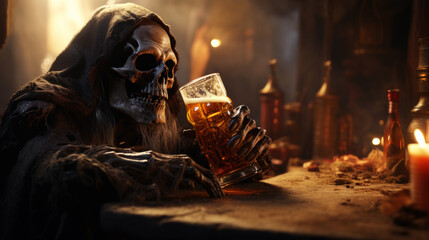 Tired demon enjoining a glass of beer in hell - obrazy, fototapety, plakaty