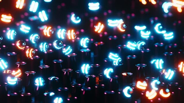 Neon balls bouncing out of pipes. Infinitely looped animation.