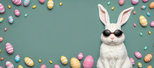 Easter bunny wearing stylish sunglasses posing at a colorful background with easter eggs. Easter egg background.