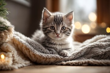 Naklejka premium charming grey and white kitten on cosy blanket