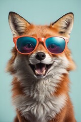 fox cartoon illustration with sunglasses, taking selfie on a pastel purple background, very funny illustration, commercial advertisement, award winning pet magazine cover	