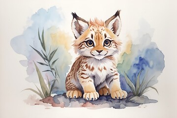 adorable, cute, funny, soft wild baby lynx in watercolor with big eyes