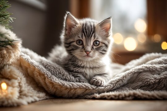 charming grey and white kitten on cosy blanket