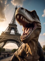 tyrannosaurus rex taking selfie in paris france, funny dinosaur, eiffel tower