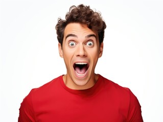 Excited man with beaming smile wearing vibrant red shirt against plain white background, radiating happiness, confidence, and energy