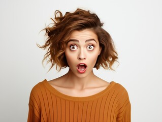 Shocked woman with wide eyes and open mouth, standing on plain white background. Expressing surprise, fear, and astonishment