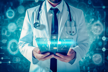 Fototapeta na wymiar Expert Medical Specialist with Tablet and Advanced Medicine Icons - Healthcare Innovation Concept