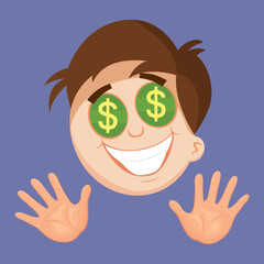 Funny cute greedy businessman with dollar eyes.Dollar eyes greedy man concept. illustration vector cartoon.