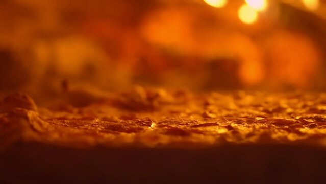 Close-up of pepperoni pizza being unwrapped by pizza maker in a wood stove. Rotating of a fresh tasty pizza with a bubbling cheese during cooking