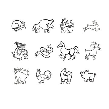 Set of Eastern horoscope Symbols,  outline vector illustration