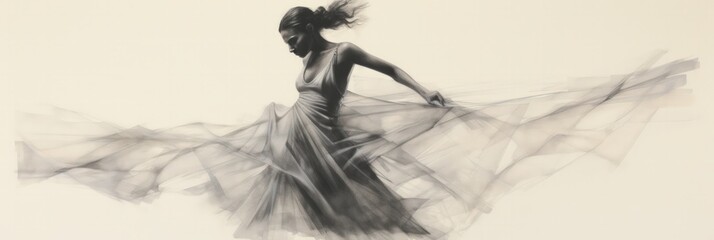 Ethereal monochrome illustration of a dancer with flowing dress in motion, contemporary dance.