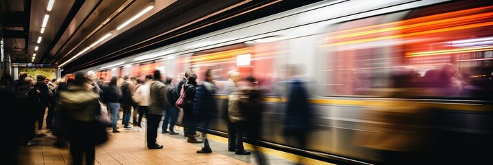 Blurred motion of a fast-moving subway train alongside a busy platform of waiting passengers. - obrazy, fototapety, plakaty